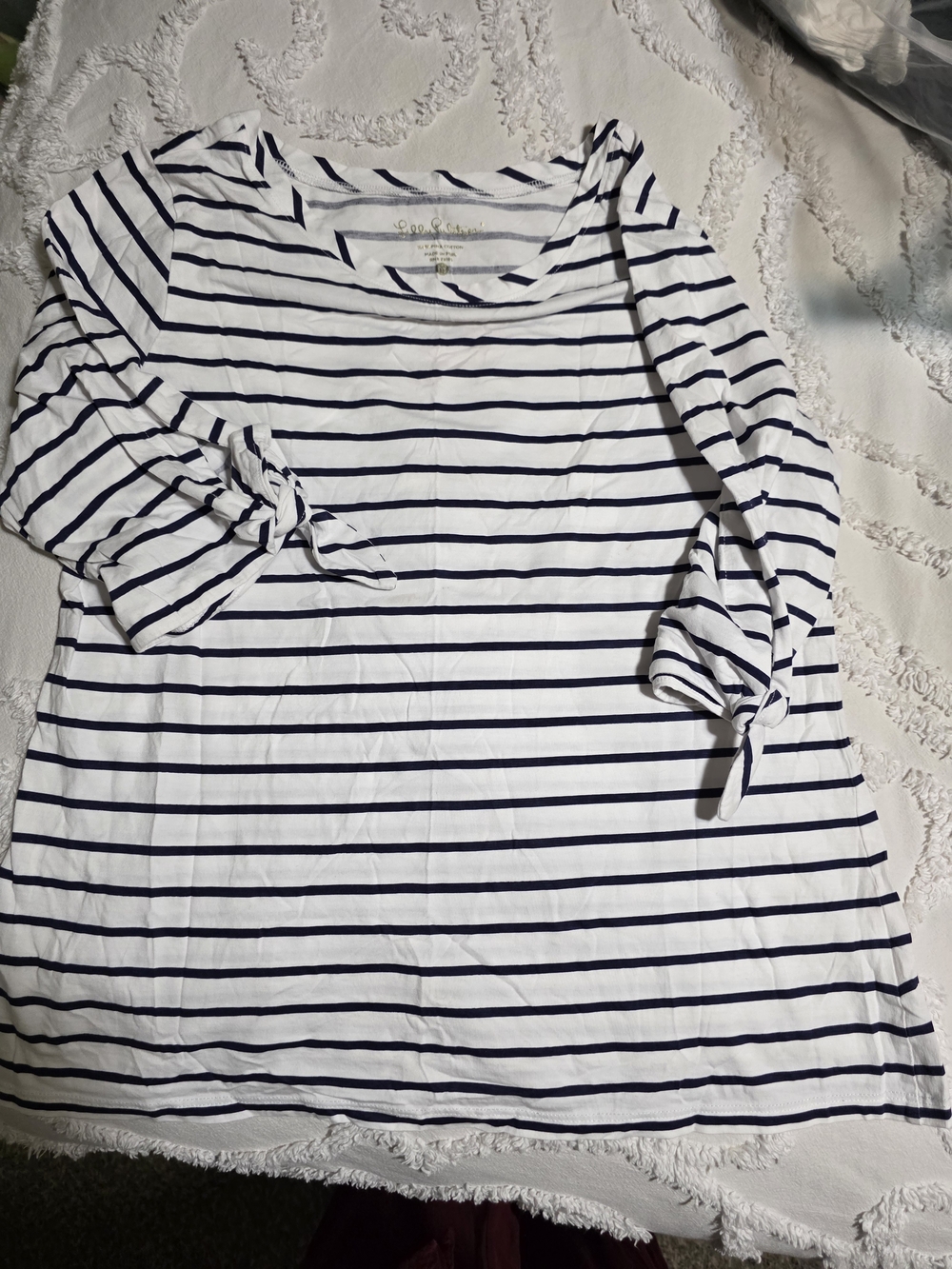 Lilly Pulitzer White and Navy Striped Tie-Sleeve Quarter Sleeve Top